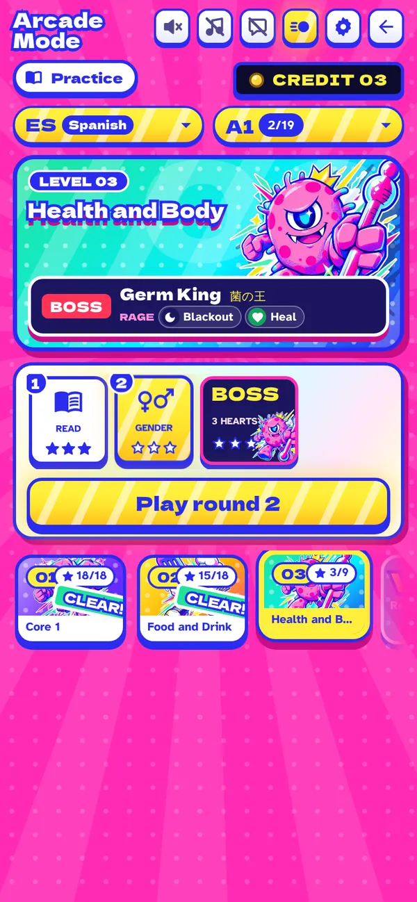 The Arcade map: a level banner with its boss, rounds with stars, and a strip of levels