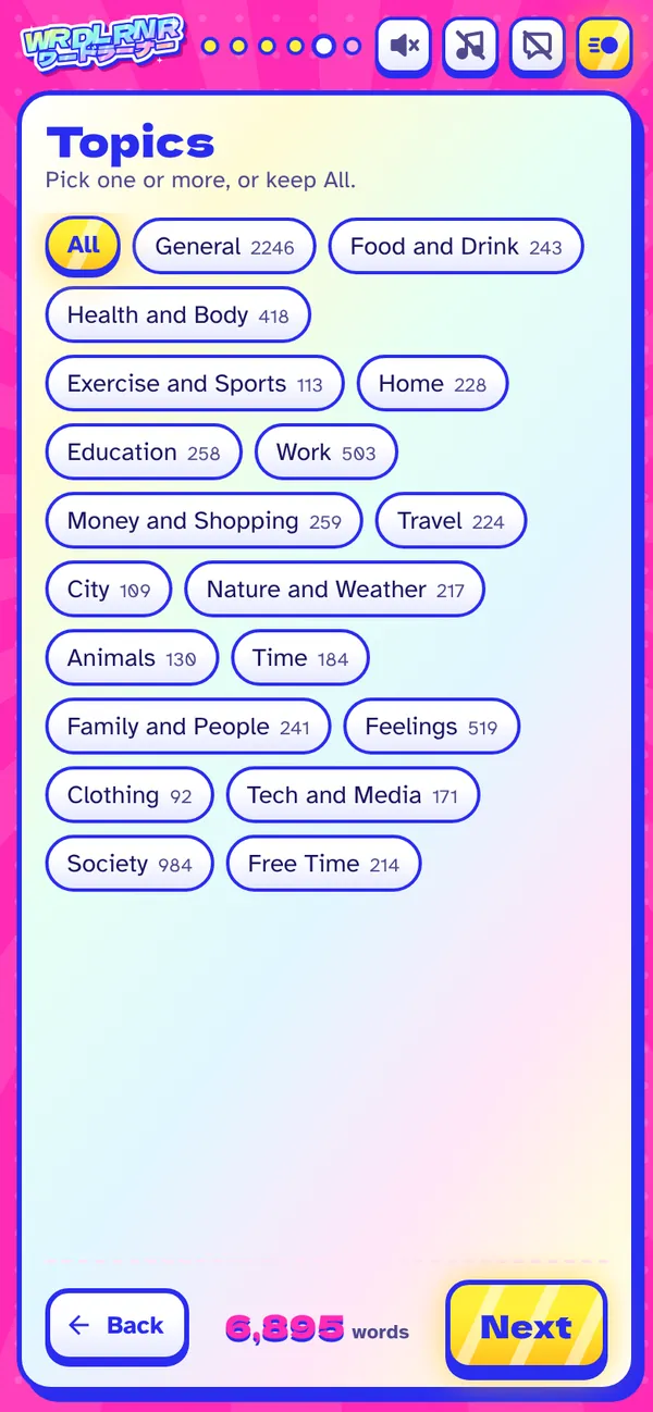 Practice setup: pick topics like Food and Drink, Travel or Work