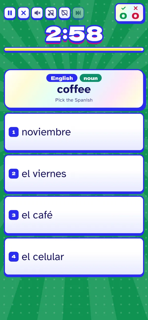 A Recall round: pick the Spanish for “coffee”.
